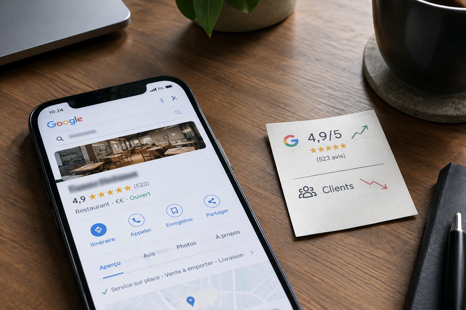 Un smartphone affichant une fiche Google Maps notée 4,9 étoiles sur 523 avis, à côté d'un post-it reprenant cette note et une icône clients en baisse