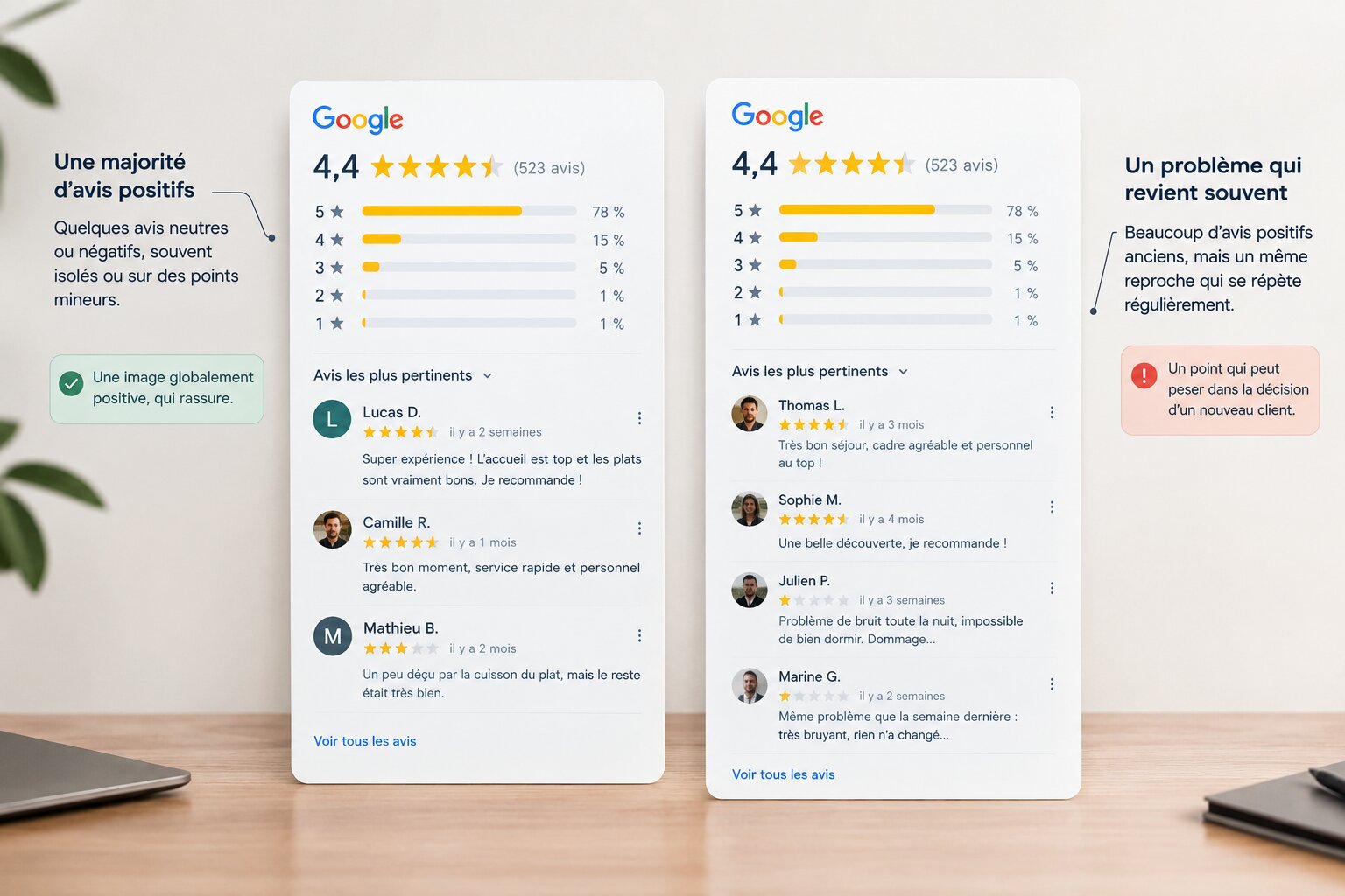 Deux fiches Google fictives affichant la même note 4,4 sur 523 avis et la même répartition d'étoiles. À gauche, les avis les plus récents sont positifs. À droite, deux avis récents signalent le même problème de bruit nocturne, à plusieurs semaines d'écart